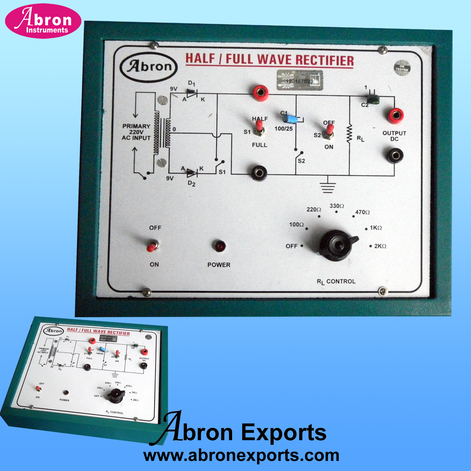 Diode as Half Wave Full Wave Rectifier Trainer Kit Setup With Sockets Out to CRO power supply	Abron AE-1251A                     